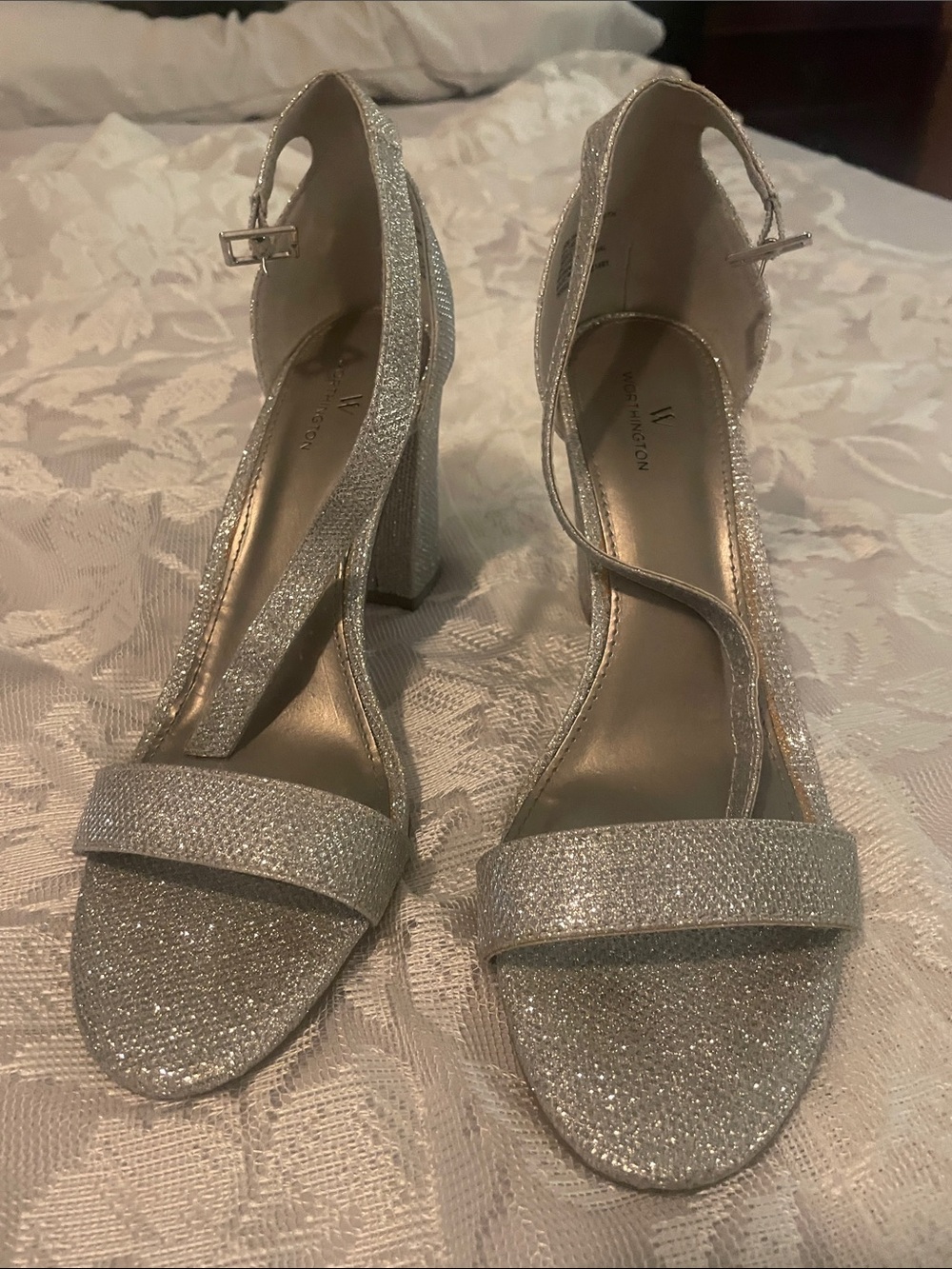 Worthington Glitter Open-Toe Block Heel Sandals in Silver